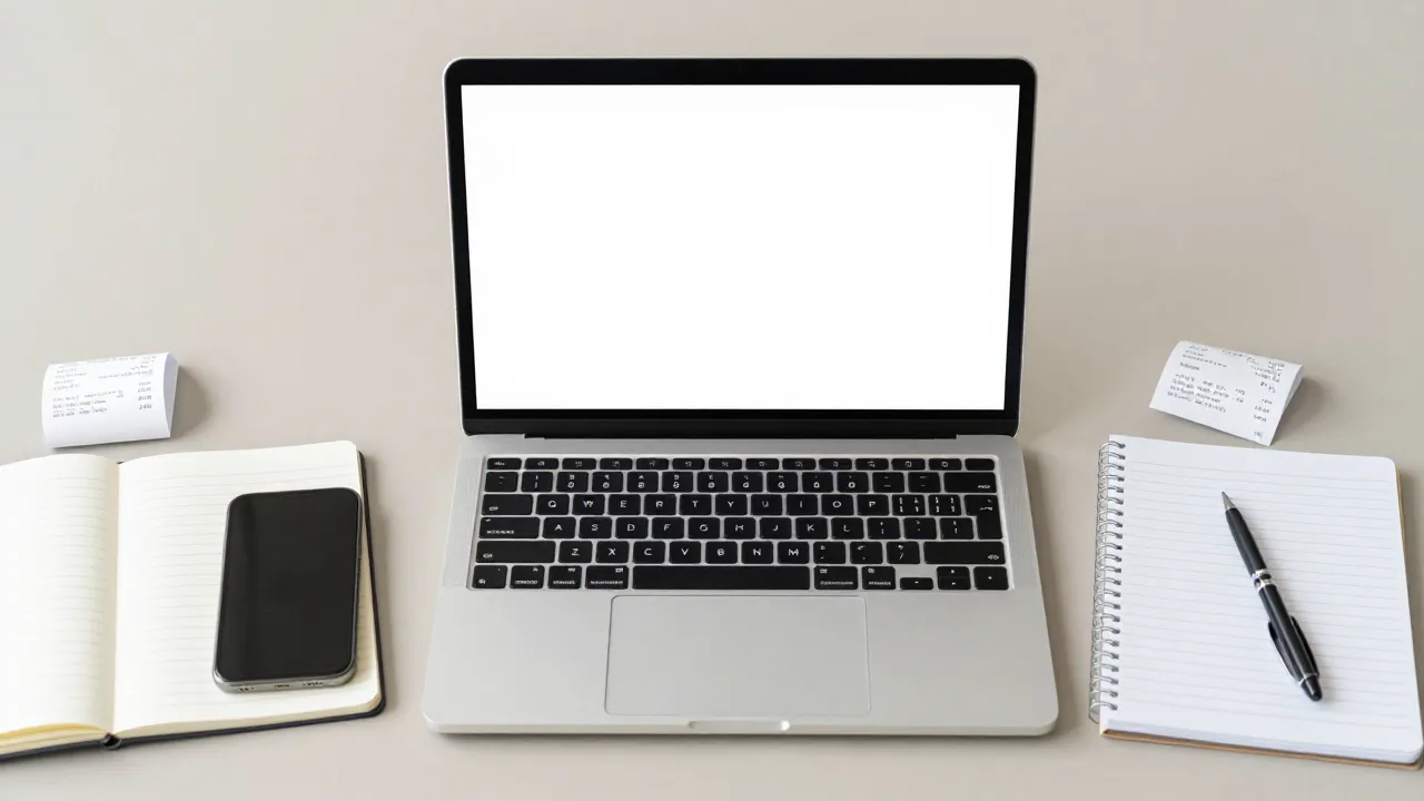 Telefon és laptop egy asztalon, bizonylatok és jegyzetek mellett