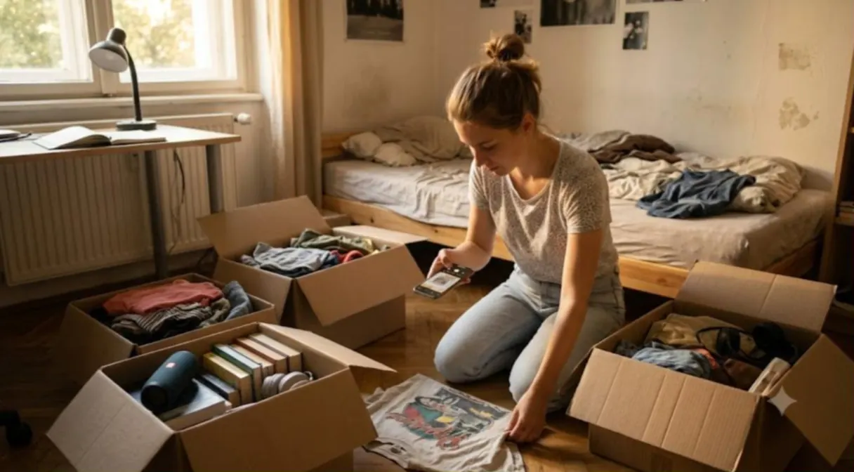 Diák a szobájában eladásra előkészített holmikat fotóz telefonnal: régi okostelefon, játékkonzol kontrollerrel, fejhallgató, gitár és munkabakancs az ágyon