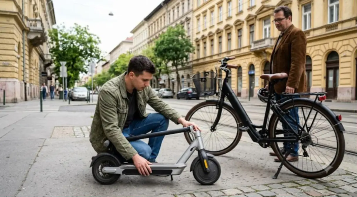 Vevő egy társasház udvarán, nappali fényben vizsgál egy használt elektromos rollert: a kijelzőn a töltöttséget nézi, mellette a földön a kivett akkumulátor és a gyári töltő, a háttérben egy városi e-bike támaszkodik a falnak