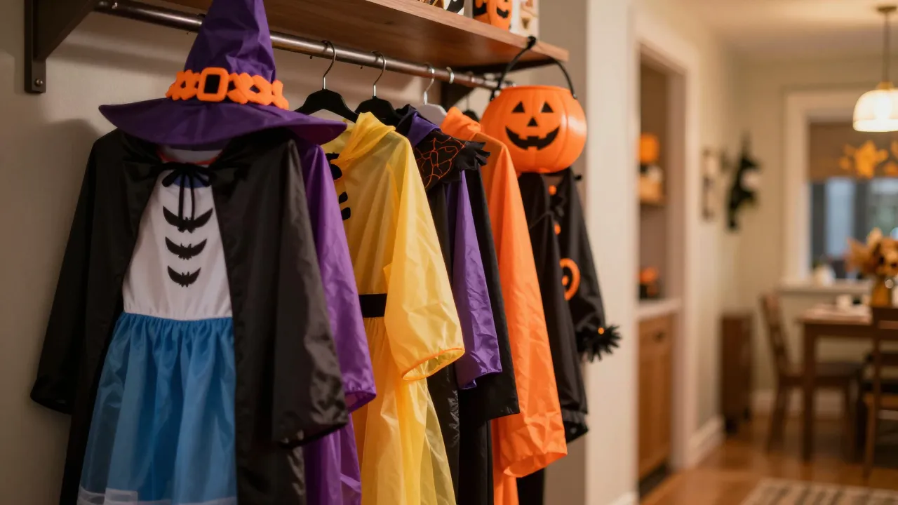 Gyerekjelmezek és kellékek egy fogason, halloweeni hangulatban