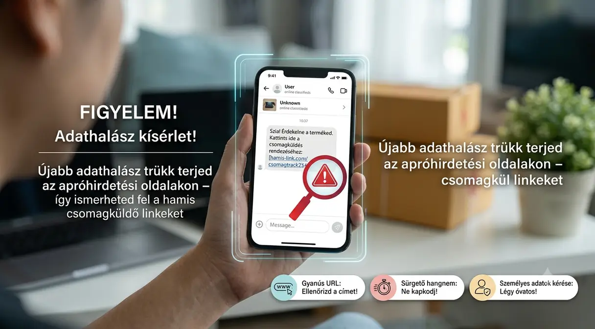 Hamis csomagküldő linket tartalmazó adathalász üzenet egy telefon képernyőjén, figyelmeztető jelzéssel