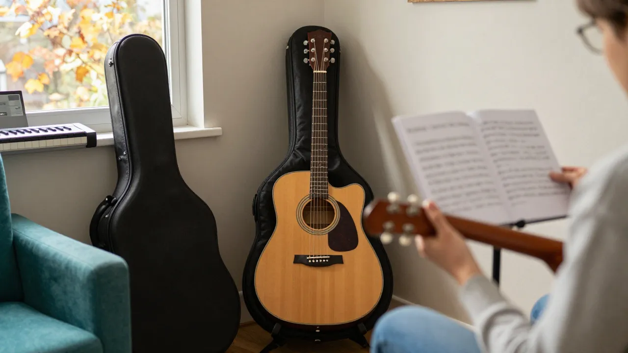 Gitár, keyboard és hegedűtok a nappaliban, kotta a állványon