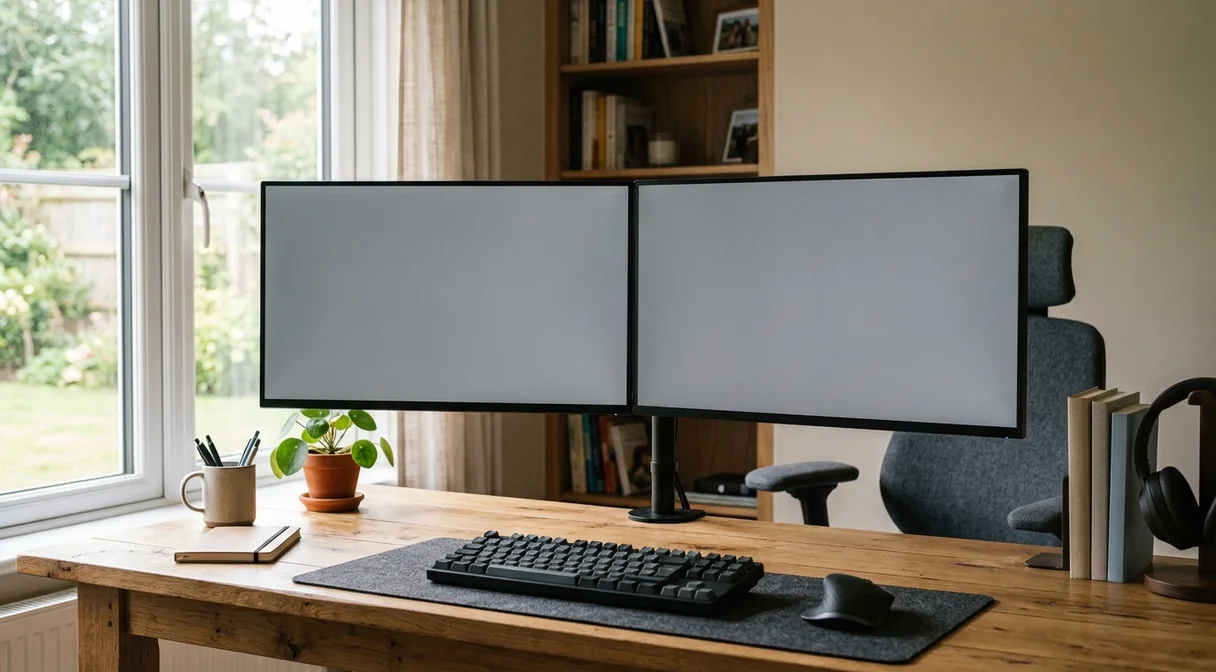 Két használt számítógép-monitor egy íróasztalon