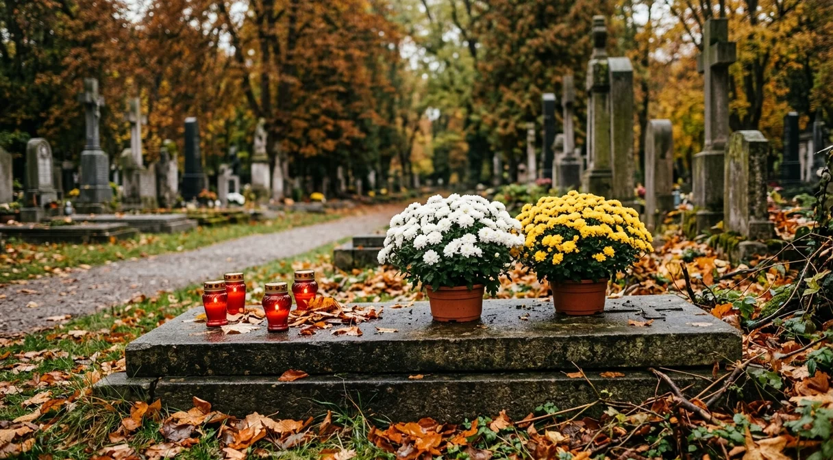 Krizantém és mécsesek egy őszi temetőben