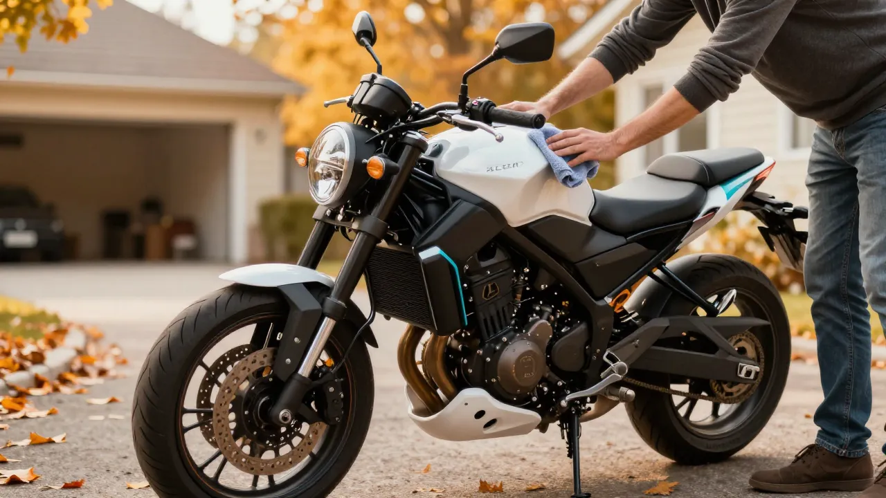 Eladásra előkészített, letisztított motorkerékpár őszi napsütésben