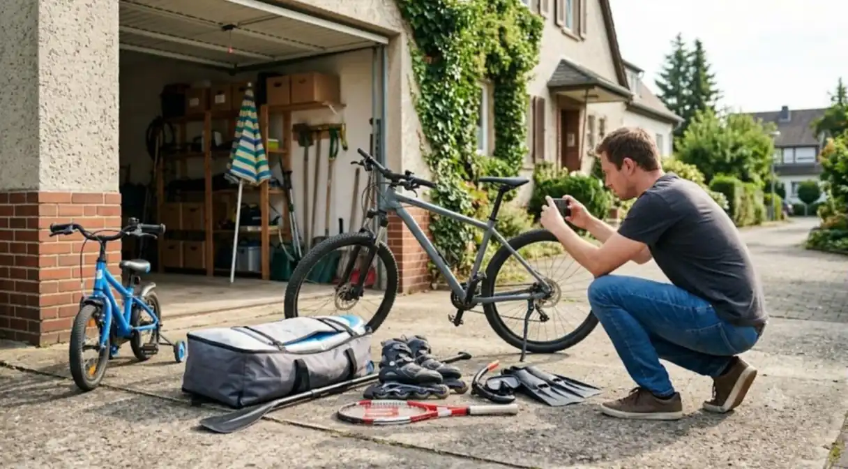 Férfi a garázs előtt telefonnal fotózza eladásra kirakott mountain bike-ját, mellette gyerekkerékpár, SUP-táska, görkorcsolya, uszony és teniszütő