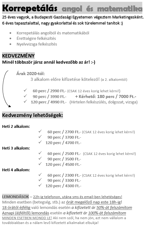 Matematika és Angol oktatás,  korrepetálás