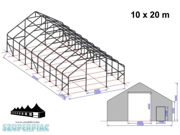 10x20x3m Everest csarnoksátor - 720g/m2 Tűzálló ponyva - Szürke