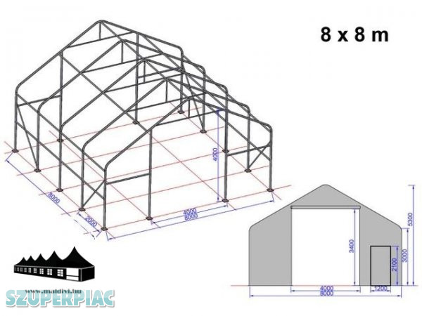 8x8x3m Everest csarnoksátor - 720g/m2 Tűzálló ponyva