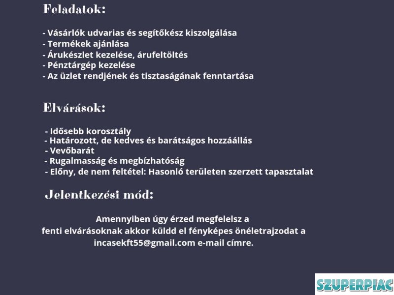 Eladó pénztáros