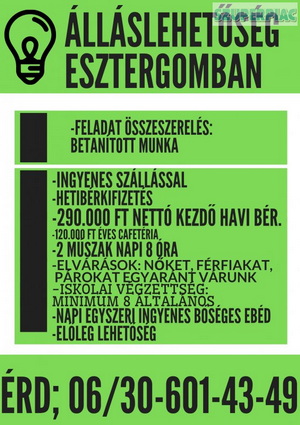 Álláslehetőség Esztergomban ingyenes szállással